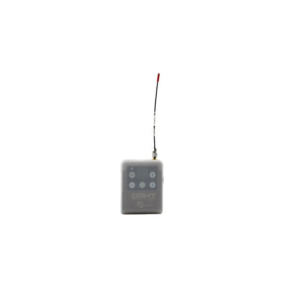 DCHT transmitter silicone cover front view fitted on bodypack with translucent gray finish, control buttons, display window and antenna with red tip, Lectrosonics