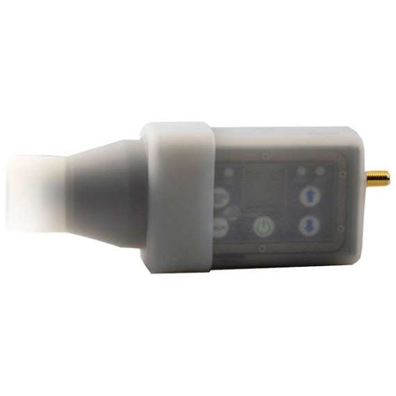 DPR-A plug-on transmitter fitted with clear silicone protective cover, side view showing control panel with power button, up and down arrow buttons and gold SMA antenna connector, Lectrosonics