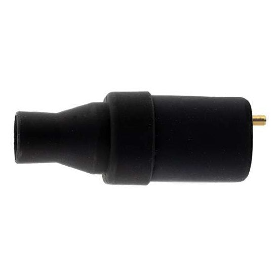 DPR-A silicone cover side view in black showing tapered neck, raised center band and gold pin protruding from the end, Lectrosonics