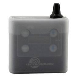 IFBR1BCVR silicone protective cover front view fitted on IFBR1B receiver with translucent grey body, display window, button cutouts and antenna protruding from top, Lectrosonics