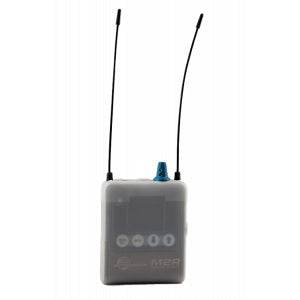 M2R receiver front view in translucent gray silicone cover with two long antennas and blue connector on top, Lectrosonics