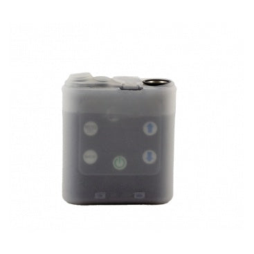 MTCRCVR silicone protective cover front view fitted on a recorder showing translucent gray case with up and down arrow buttons and green power button, Lectrosonics