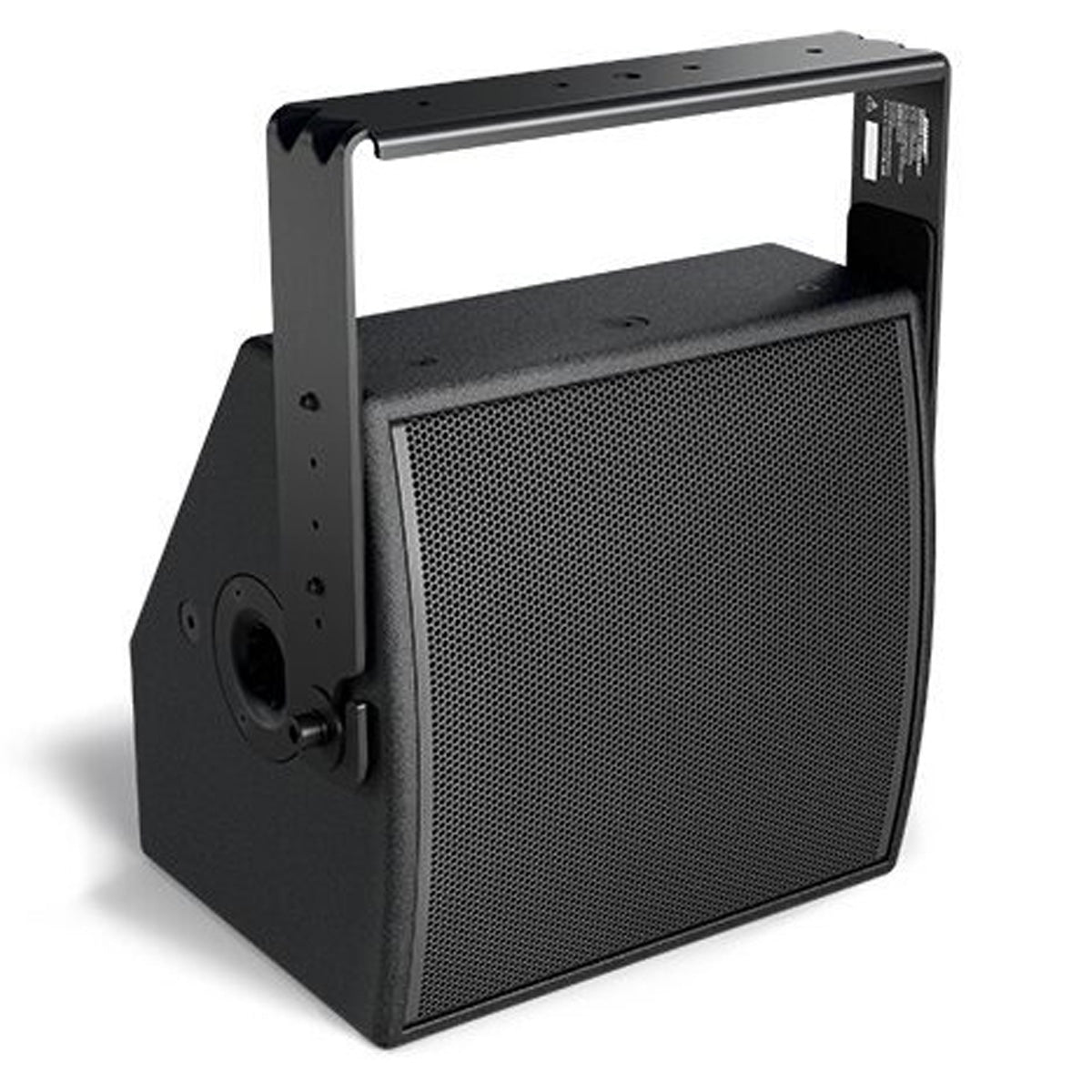 Bose AMM108 U-bracket mounted on a black loudspeaker, angled view showing tilt adjustment knob