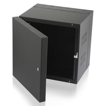 312-12 300 Series 12 RU wall cabinet angled view with locking solid door open, showing adjustable rack rails, side vent slots and top knockouts, AtlasIED