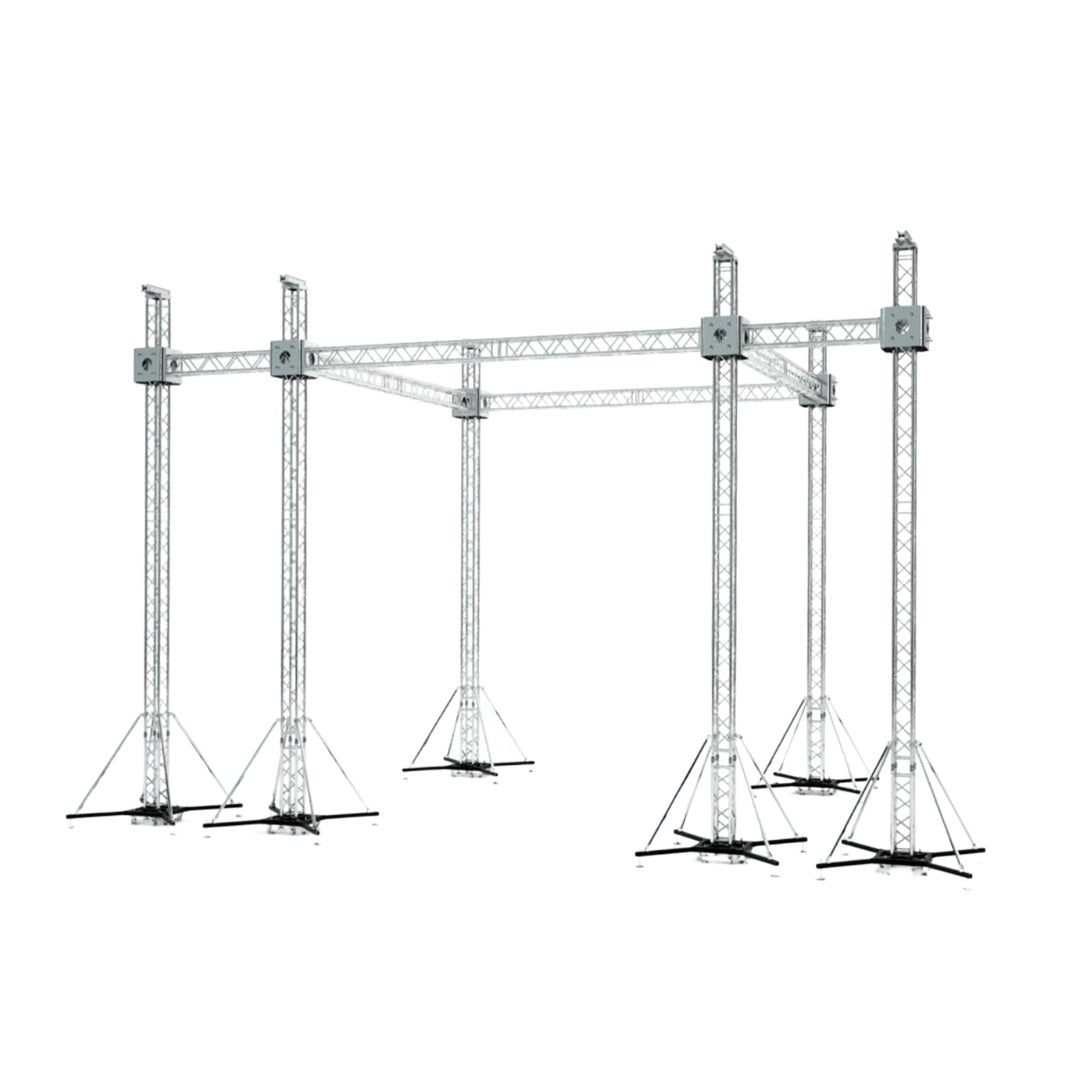 ProX Stage Roofing Truss System with Ground Support and Chain Hoists F34 Aluminum Complete Package | 20 ft W x 20 ft L x 23 ft H | With 7' Speaker Wings