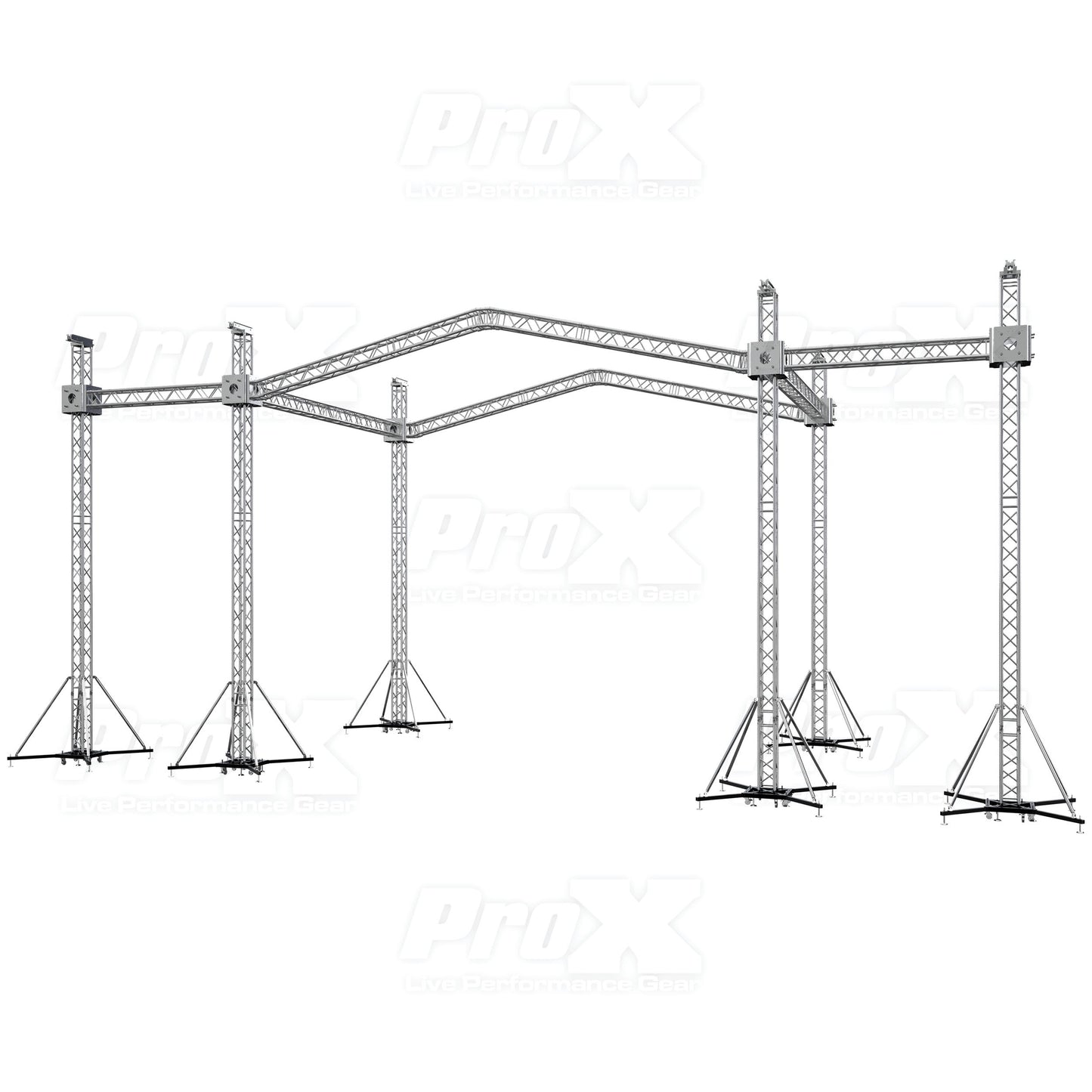ProX Stage Roofing Truss System with Ground Support and Chain Hoists F34 Aluminum Complete Package | 30 ft W x 20 ft L x 23 ft H | PR2 12D With Speaker Wings