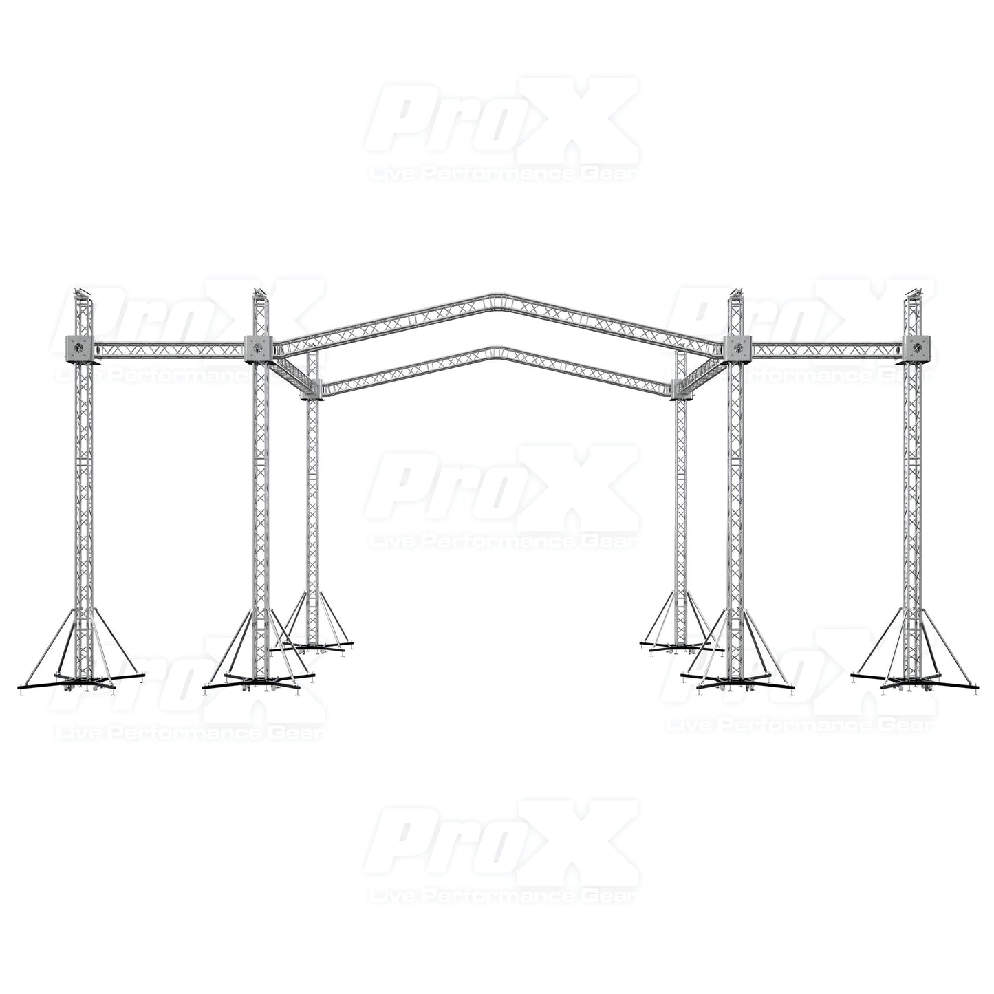 ProX Stage Roofing Truss System with Ground Support and Chain Hoists F34 Aluminum Complete Package | 30 ft W x 20 ft L x 23 ft H | PR2 12D With Speaker Wings