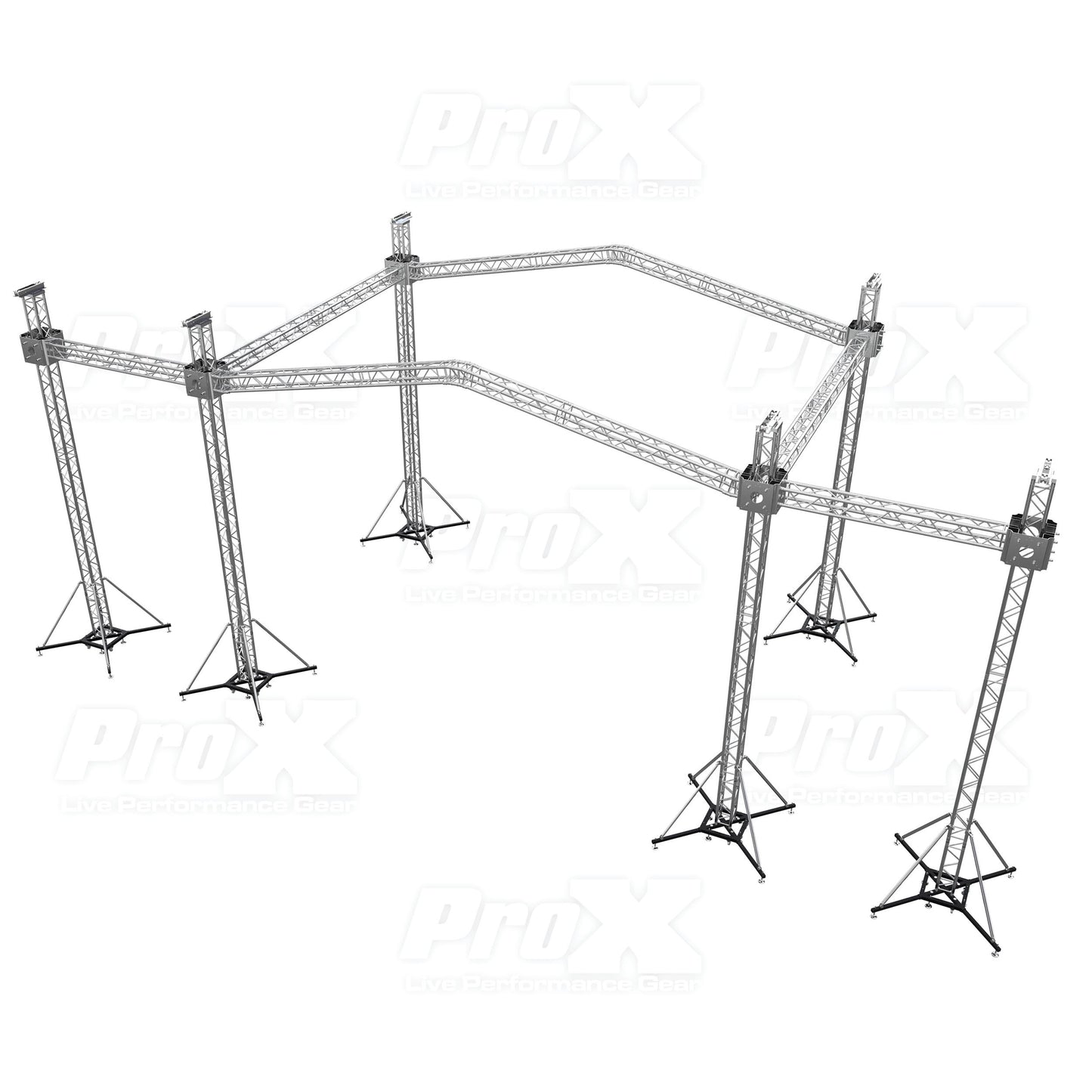 ProX Stage Roofing Truss System with Ground Support and Chain Hoists F34 Aluminum Complete Package | 30 ft W x 20 ft L x 23 ft H | PR2 12D With Speaker Wings