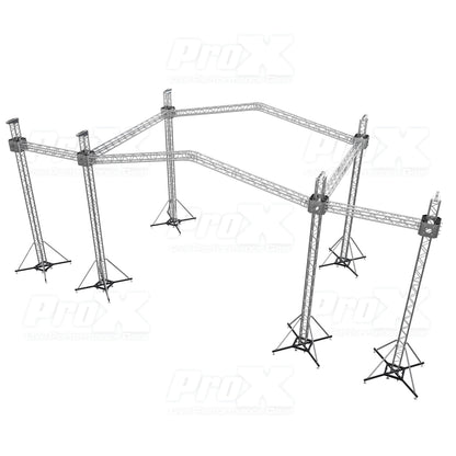 ProX Stage Roofing Truss System with Ground Support and Chain Hoists F34 Aluminum Complete Package | 30 ft W x 20 ft L x 23 ft H | PR2 12D With Speaker Wings