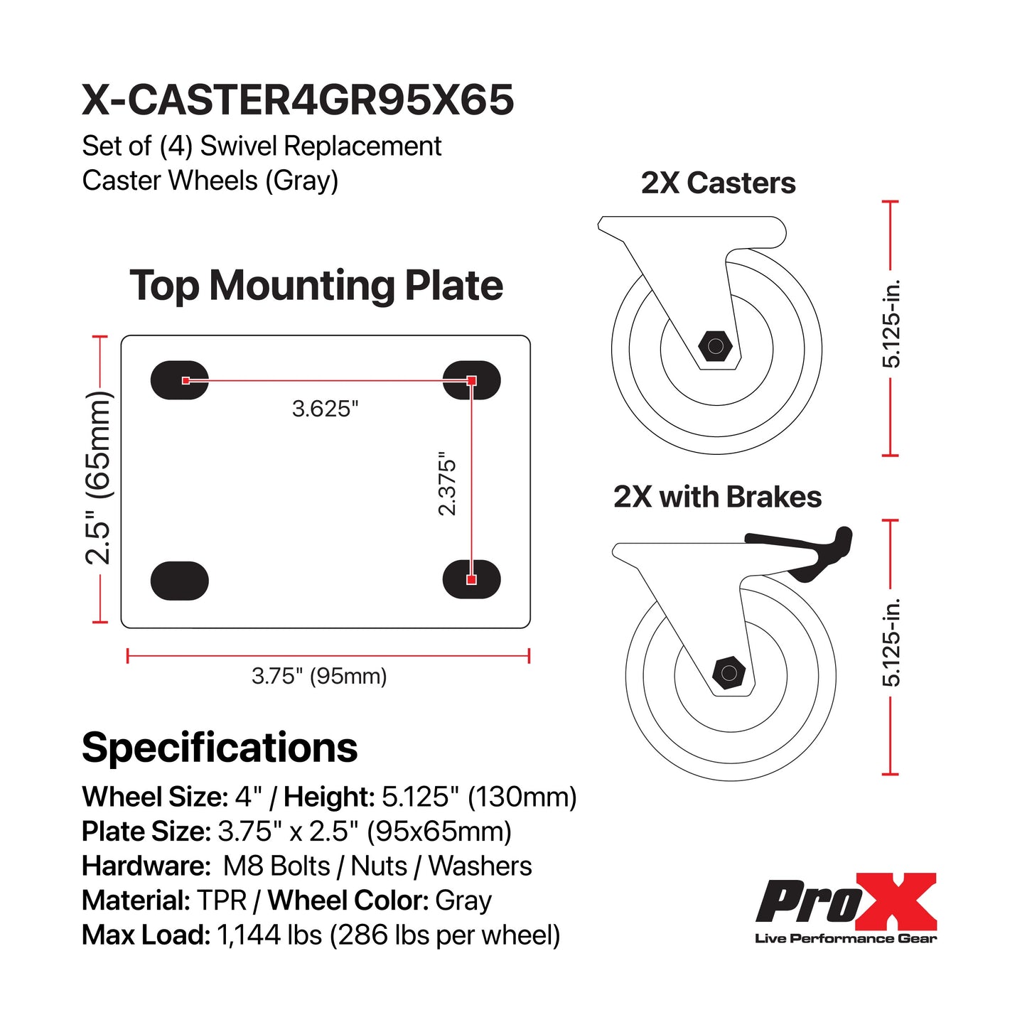ProX Industrial Grade Caster Wheels for ATA Cases | 4 inch | 3.75 x 2.5 in. | Set of 4