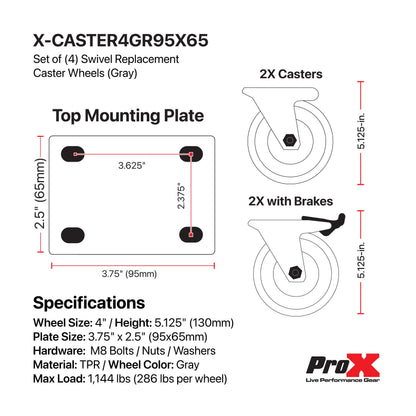 ProX Industrial Grade Caster Wheels for ATA Cases | 4 inch | 3.75 x 2.5 in. | Set of 4