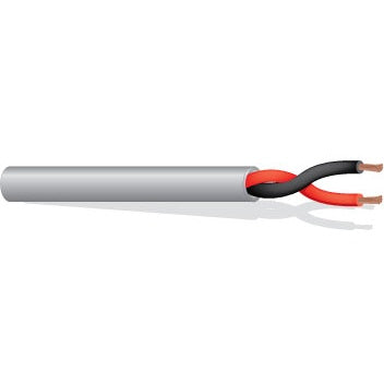 225BN1000 16AWG 2-conductor plenum speaker cable with jacket stripped back exposing red and black conductors, West Penn