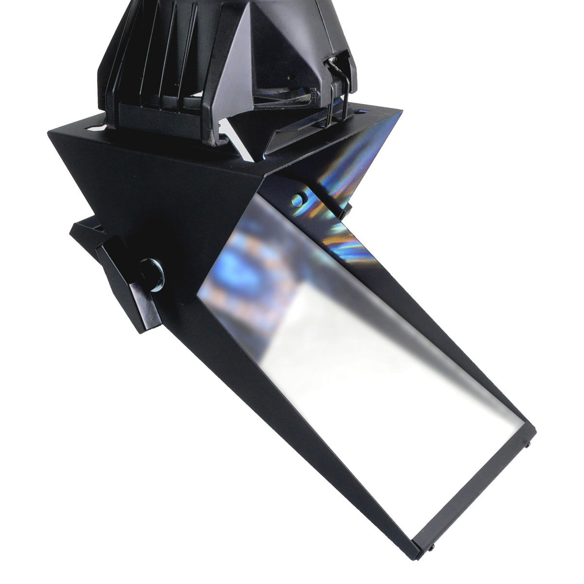 1404 Beam Bender angled view with front-surface mirror mounted in black frame on fixture barrel, City Theatrical