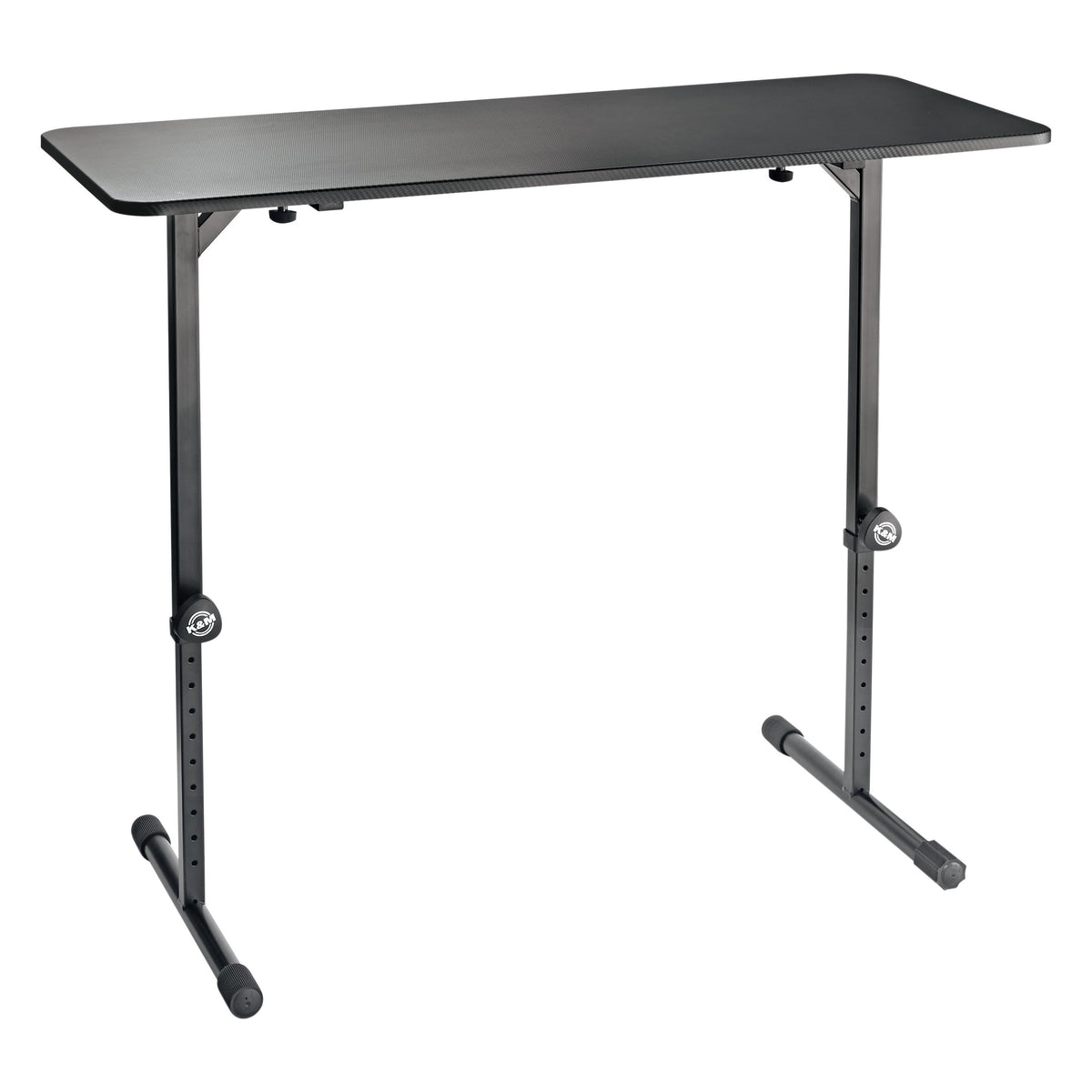12160 portable DJ desk front three-quarter view with black tabletop and T-shaped steel legs with perforated height-adjustment holes and clamping knobs, K&M