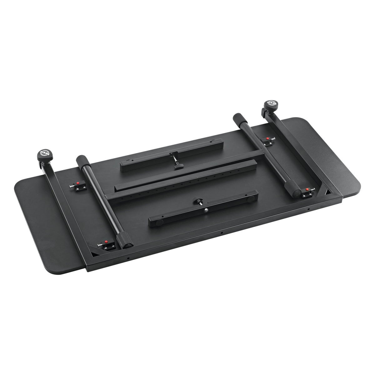 12160 portable DJ desk underside view with legs folded flat against the tabletop and spring-loaded release latches, K&M