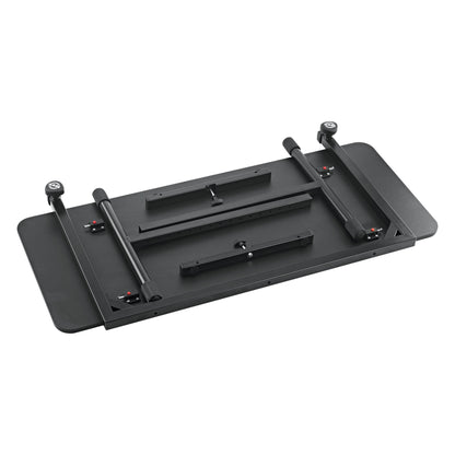 12160 portable DJ desk underside view with legs folded flat against the tabletop and spring-loaded release latches, K&M