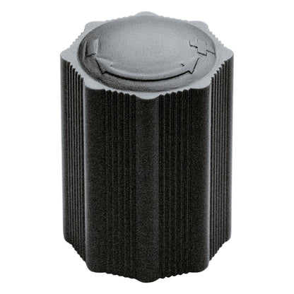 12160 portable DJ desk close-up of ribbed black clamping knob with arrow and plus-minus markings, K&M