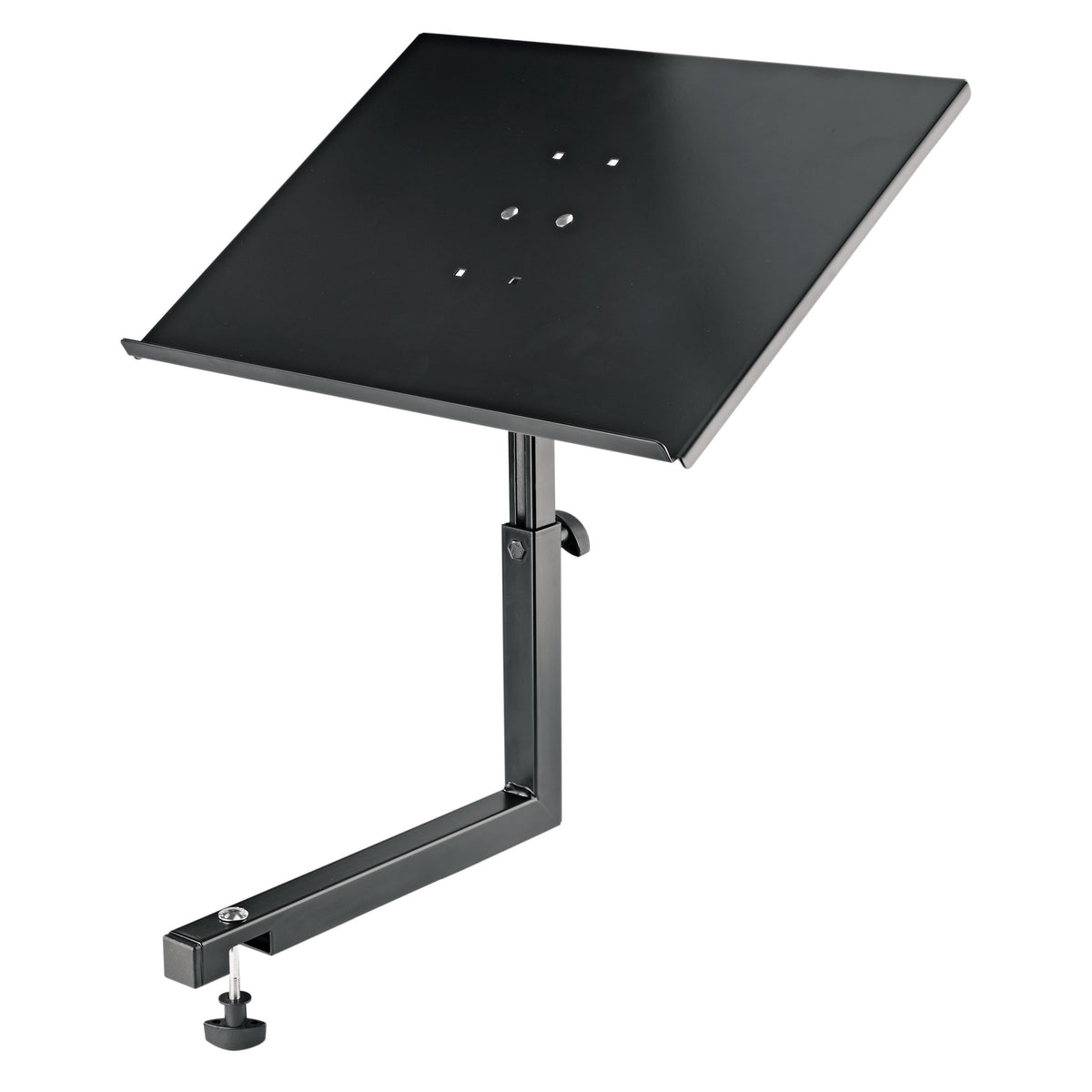 12162 DJ table extension tray angled front view showing tilted black platform, height-adjustable post with clamp knob and screw clamp arm, K&M