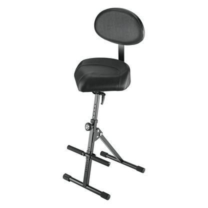 14050 ergonomic musician stool front three-quarter view with black padded saddle seat, oval backrest and perforated height-adjustable steel column on foot-rest base, K&M