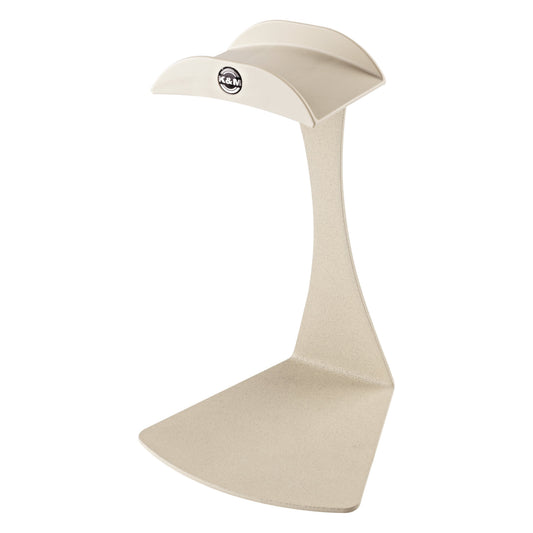 16075 headphone table stand front three-quarter view showing curved cradle with round K&M logo badge and flat angled steel base in sand beige, K&M