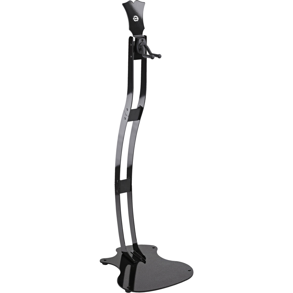 Guitar Station slim metal stand, front three-quarter view of empty stand with curved gloss black uprights, rubber-tipped neck cradle and shaped base plate, K&M