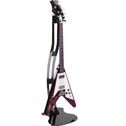 KM 17640.000.37 guitar stand in use holding a red Flying V bass by the neck yoke, K&M