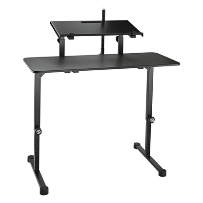18803 Omega keyboard stand table with raised upper tier shelf with cutout mounted on support arms above main tabletop, K&M