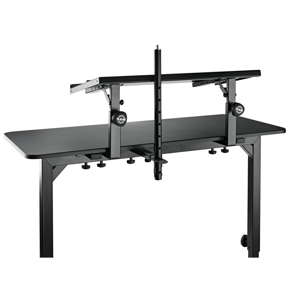 18803 Omega keyboard stand table rear view showing tiered tabletop extension, K&M logo clamp knobs and center perforated pole, K&M