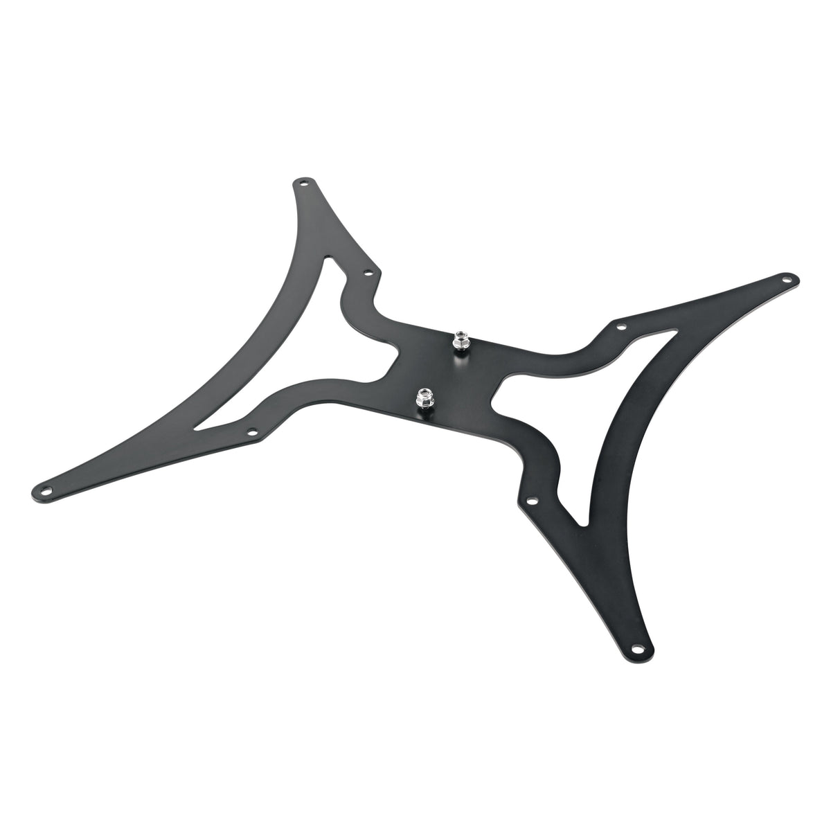 19618 VESA MIS-F adapter plate angled top view, black steel with cutout arms, multiple mounting holes and two center studs with nuts, K&M