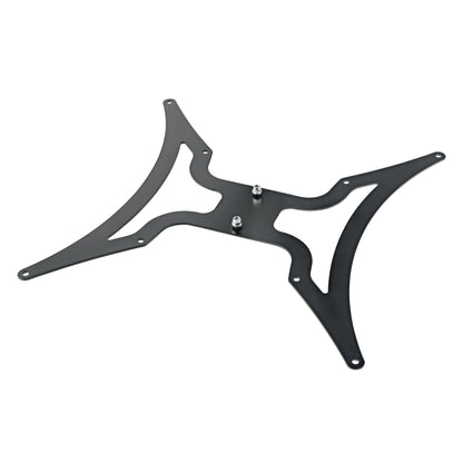 19618 VESA MIS-F adapter plate angled top view, black steel with cutout arms, multiple mounting holes and two center studs with nuts, K&M