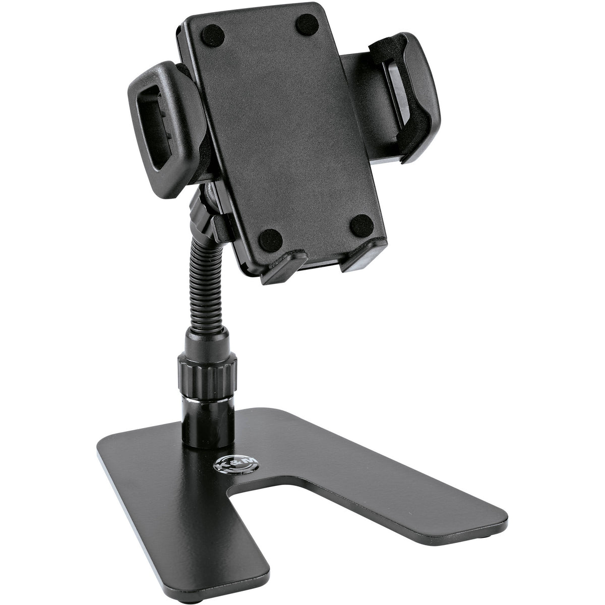 KM 19746.000.55 smartphone table stand front three-quarter view with spring-loaded holder jaws, gooseneck and L-shaped steel base, K&M