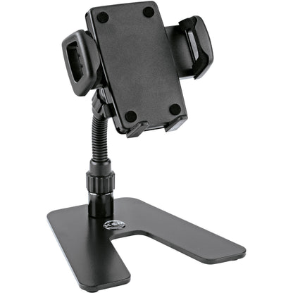 KM 19746.000.55 smartphone table stand front three-quarter view with spring-loaded holder jaws, gooseneck and L-shaped steel base, K&M