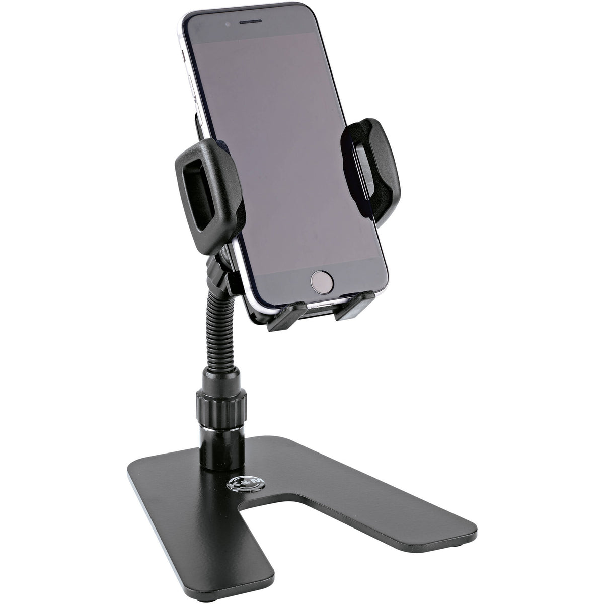 KM 19746.000.55 desktop phone stand in use holding a smartphone upright in the padded clamp, K&M