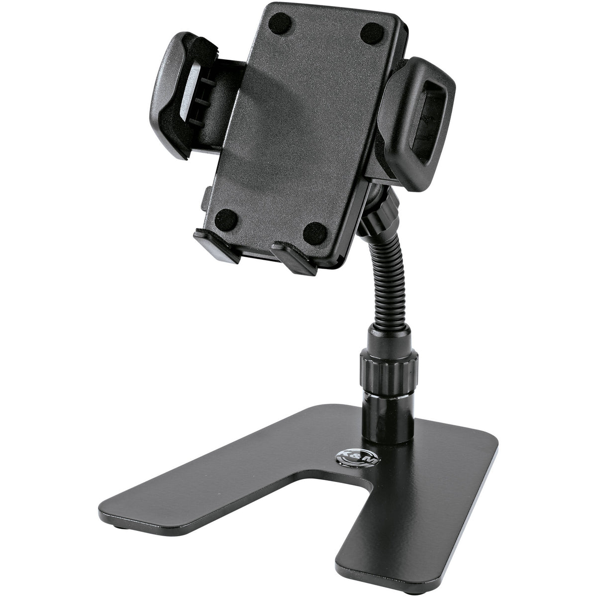 KM 19746.000.55 rear three-quarter view showing holder backplate, flexible gooseneck and knurled tension collar, K&M