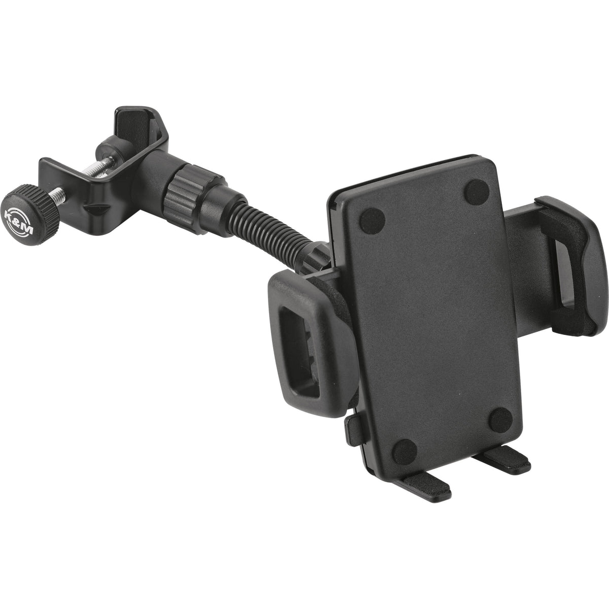 KM 19747.000.55 smartphone holder angled product view showing spring-loaded jaws, flexible gooseneck arm and clamp with branded thumbscrew, K&M