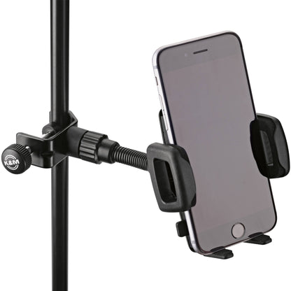 KM 19747.000.55 phone holder clamped to a mic stand tube with a smartphone gripped in portrait orientation, K&M