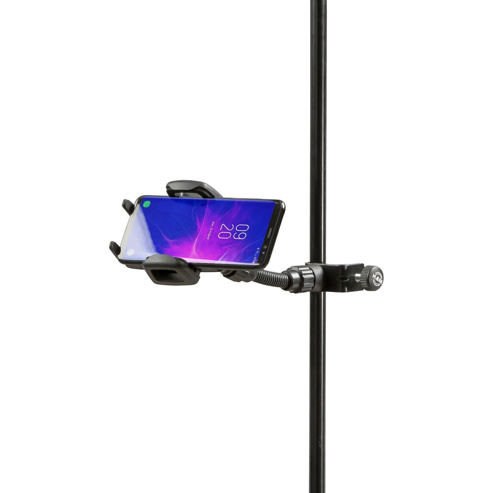KM 19747.000.55 holder mounted on stand with phone rotated to landscape orientation on the gooseneck arm, K&M