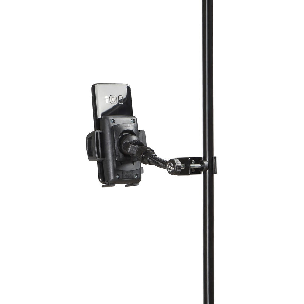 KM 19747.000.55 rear view on stand showing clamp jaw, adjustment thumbscrew and back of the phone cradle, K&M