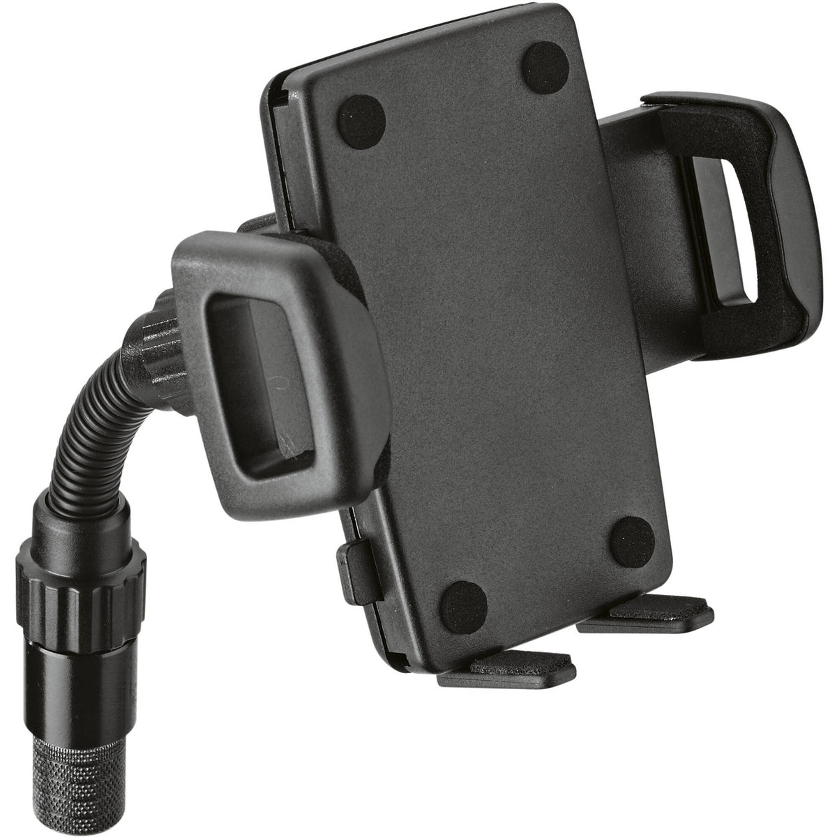 KM 19748.500.55 smartphone holder angled view showing spring-loaded side grips, gooseneck arm and knurled locking collar, K&M