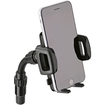KM 19748.500.55 phone mount in use with smartphone clamped in the padded jaws on the flexible gooseneck, K&M