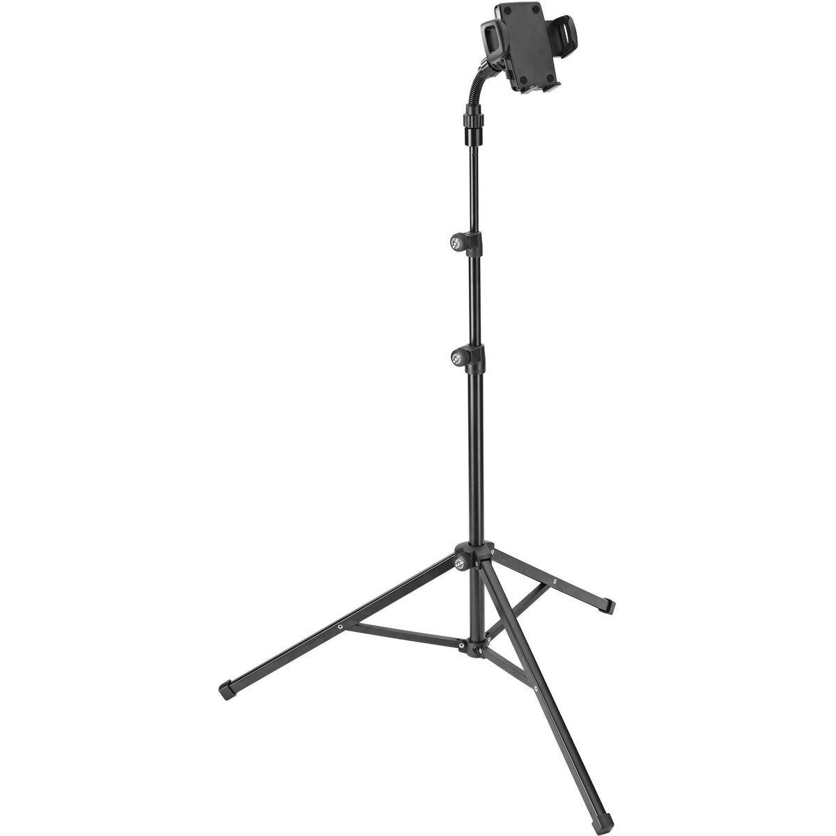 KM 19749.000.55 smartphone floor stand front view with empty spring-loaded holder on gooseneck and folding tripod base, K&M