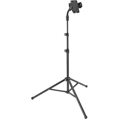 KM 19749.000.55 smartphone floor stand front view with empty spring-loaded holder on gooseneck and folding tripod base, K&M