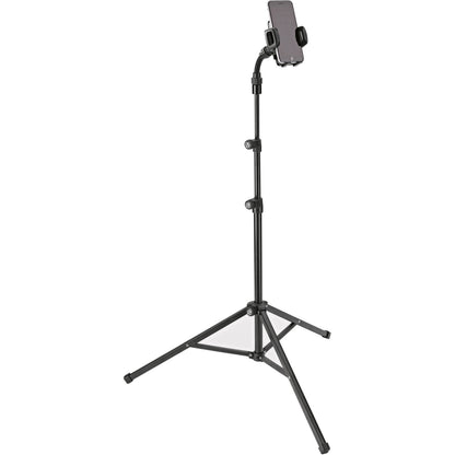 KM 19749.000.55 stand shown in use with phone mounted in portrait orientation above two twist-lock height adjusters, K&M