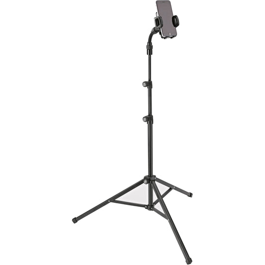 KM 19749.000.55 stand shown in use with phone mounted in portrait orientation above two twist-lock height adjusters, K&M