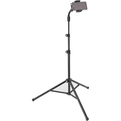 KM 19749.000.55 gooseneck holder angled with phone in landscape orientation on extended tripod stand, K&M