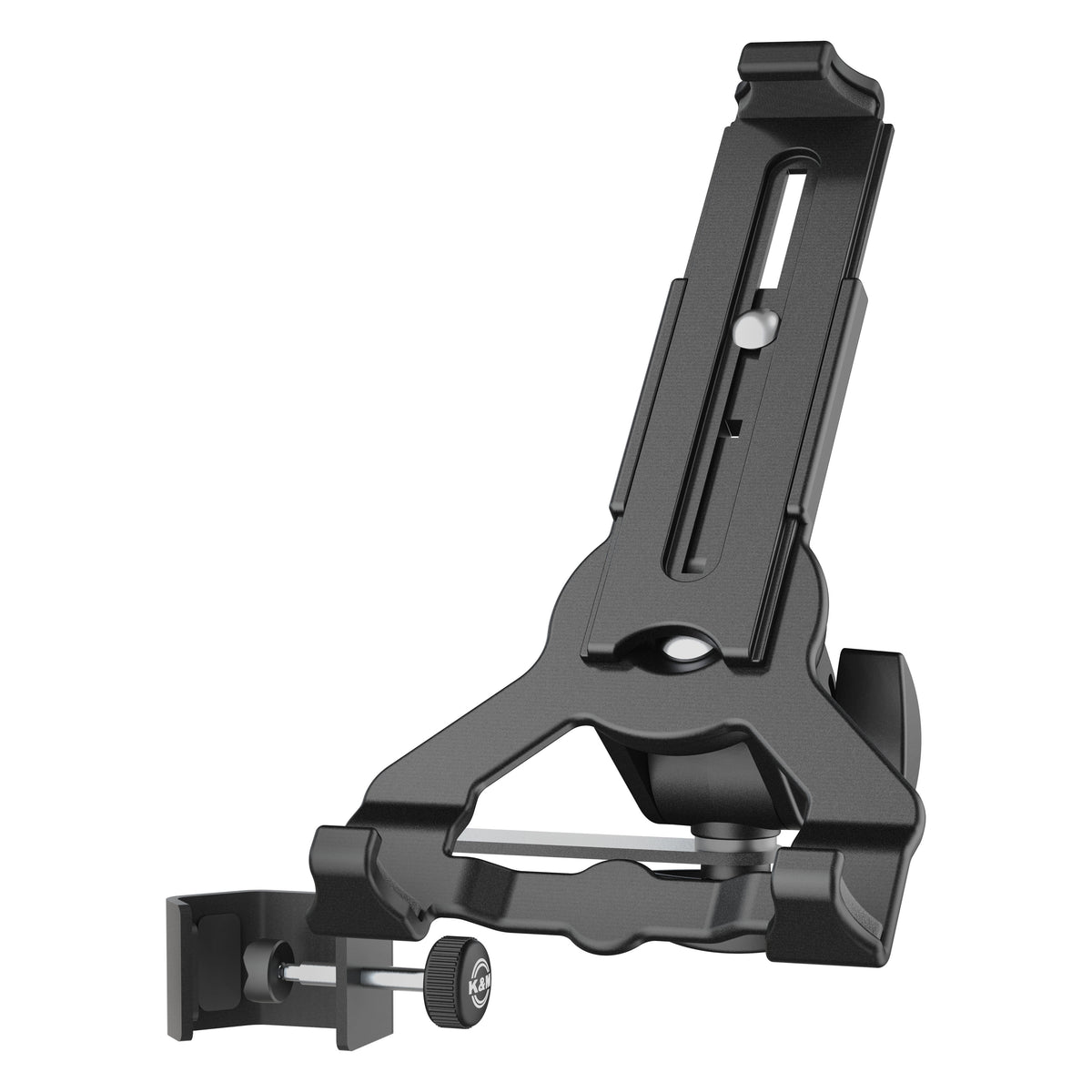 Biobased tablet holder front view with slotted adjustable black clamp arms and side table clamp with knurled thumbscrew, K&M