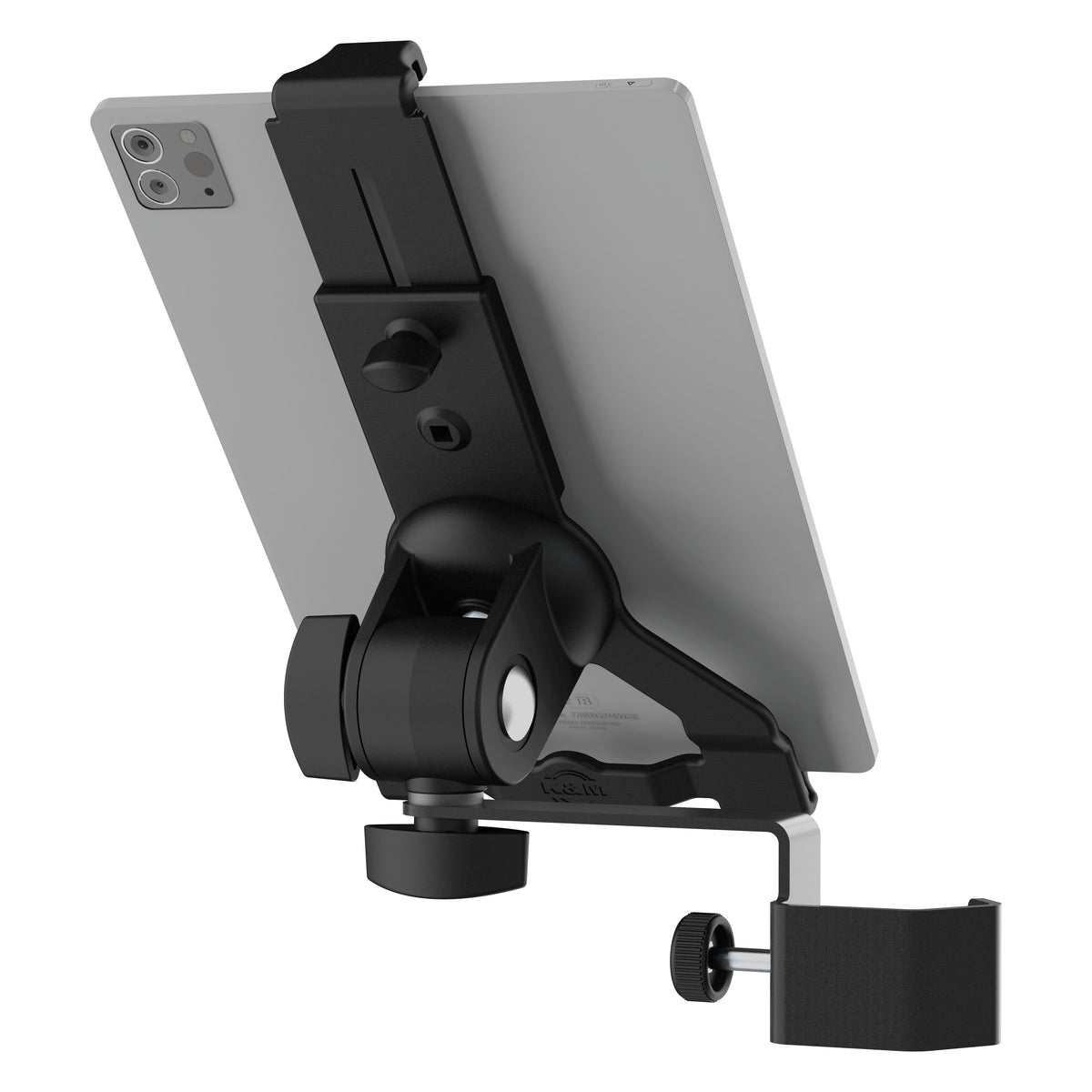 Biobased tablet holder rear view with tablet mounted, showing ball joint, tilt knobs and table clamp with thumbscrew, K&M
