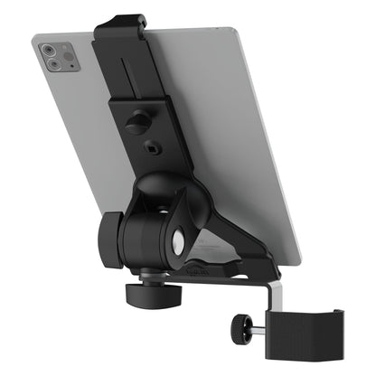 Biobased tablet holder rear view with tablet mounted, showing ball joint, tilt knobs and table clamp with thumbscrew, K&M