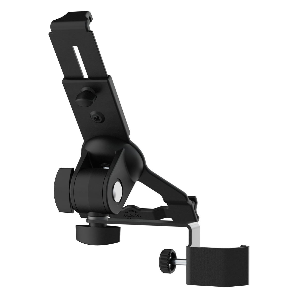 Biobased tablet holder rear view without tablet showing ball joint swivel, locking knobs and C-clamp thumbscrew, K&M