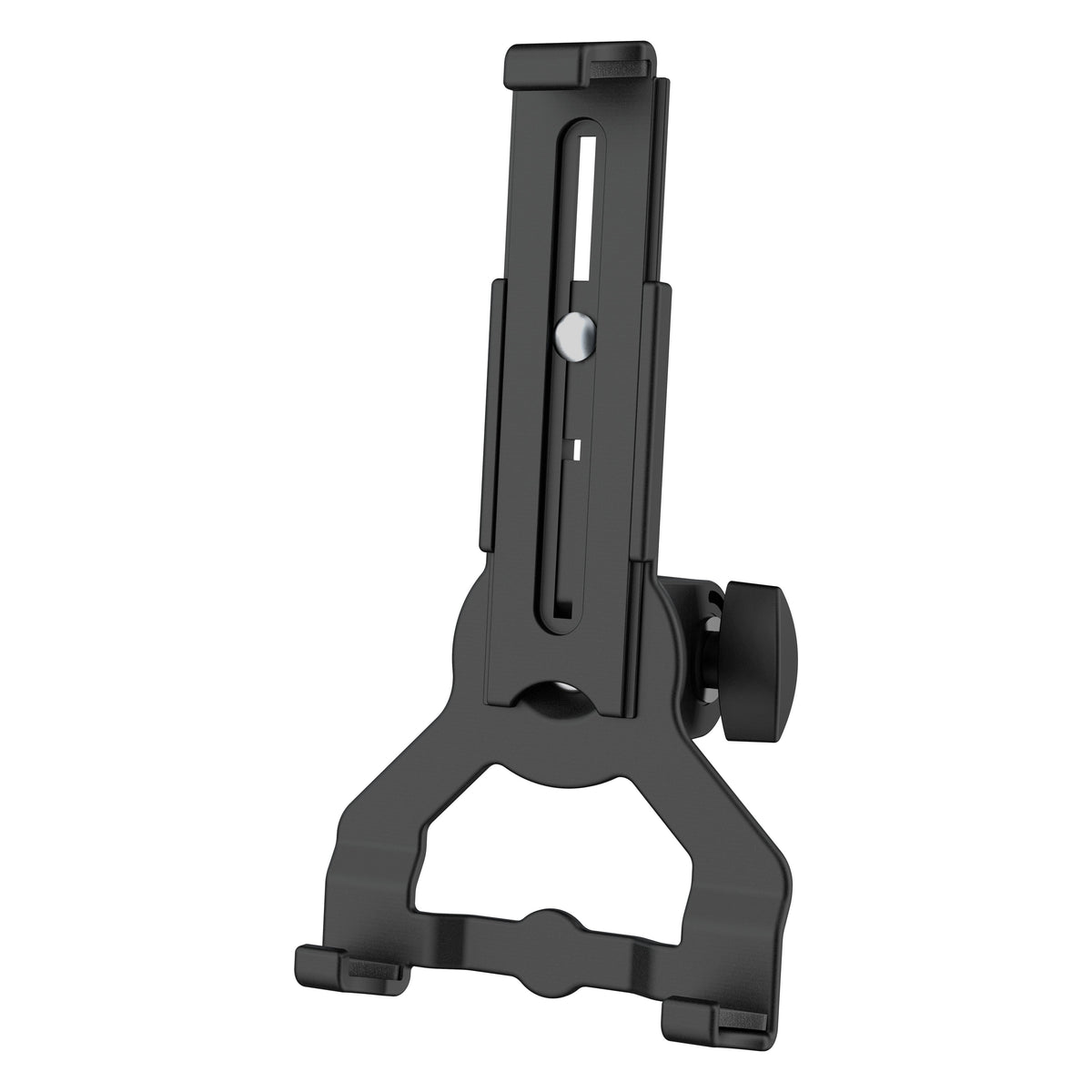 Biobased tablet holder front view showing black adjustable slotted clamp arm, lower grip tabs and side tightening knob, K&M